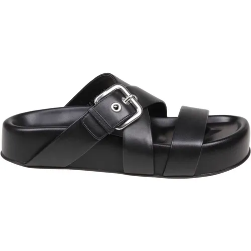 Schwarze Ledersandalen mit verstellbarem Riemen , Damen, Größe: 36 1/2 EU - AGL - Modalova