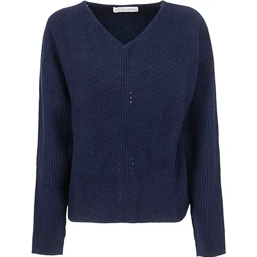 Blauer V-Ausschnitt Wollpullover , Damen, Größe: 2XS - SKILLS & GENES - Modalova