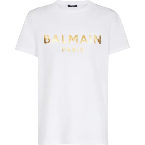 T-Shirt aus Öko-Baumwolle mit aufgedrucktem Metallic-Logo - Balmain - Modalova