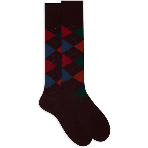 Lange burgunderfarbene Herrensocken mit Einlegemotiv - Gallo - Modalova