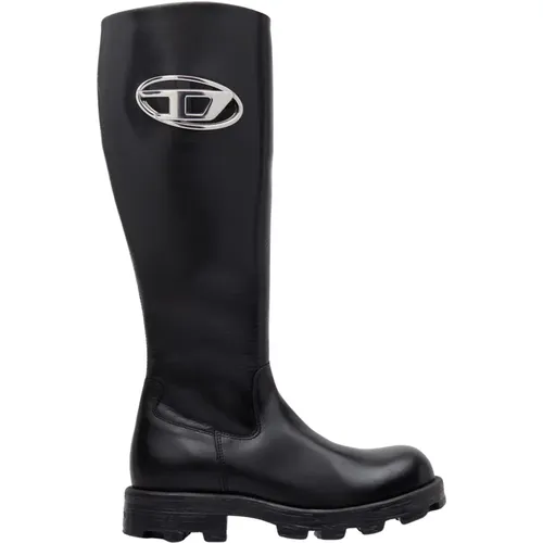 Shiny Leather Boots with Logo Plaque , female, Sizes: 5 UK, 4 UK, 6 UK - Diesel - Modalova