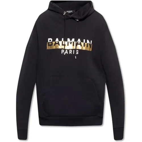 Kapuzenpullover mit Logo und goldener Druckgrafik - Balmain - Modalova