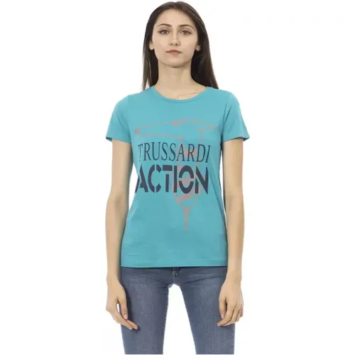 Hellblaues Baumwoll-T-Shirt mit Frontdruck , Damen, Größe: XL - Trussardi - Modalova