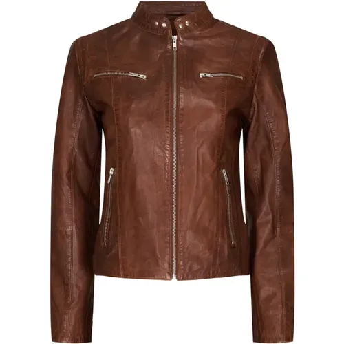 Klassische Bikerjacke in Dunklem Cognac mit Silbernen Akzenten , Damen, Größe: 2XL - BTFCPH - Modalova