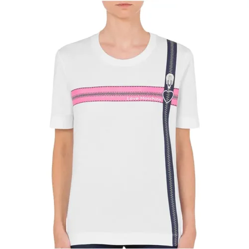 Herz Logo Reißverschluss T-Shirt - Weiß , Damen, Größe: S - Love Moschino - Modalova