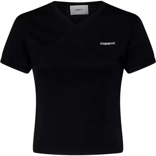 Schwarzes T-Shirt mit V-Ausschnitt und Logo-Print , Damen, Größe: S - Coperni - Modalova