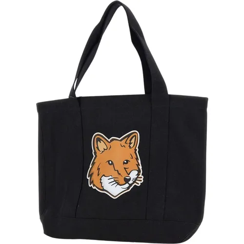 Schwarze Baumwoll-Shopper-Tasche mit Fuchs-Logo - Maison Kitsuné - Modalova