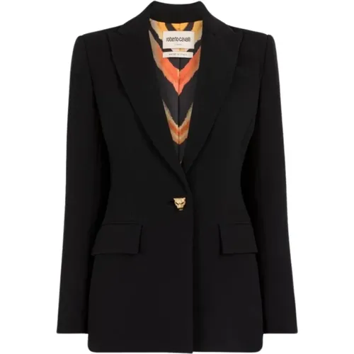 Luxe Single-Breasted Blazer with Panther Button , female, Sizes: 2XS, L, XS - Roberto Cavalli - Modalova