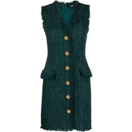 V-neck buttoned tweed dress , female, Sizes: S, XS, M - Balmain - Modalova