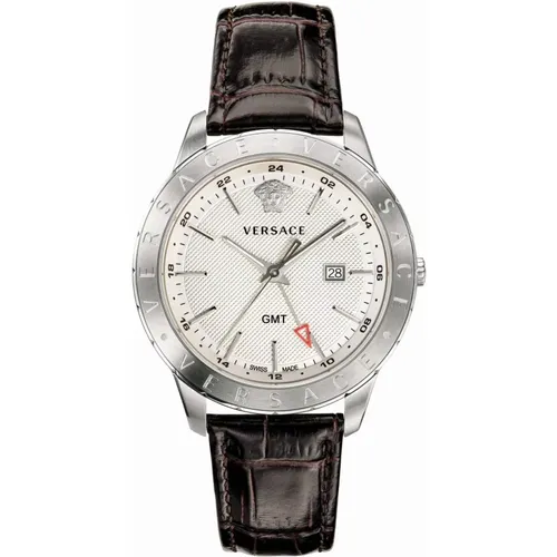 Brown Leather Silver Steel GMT Watch , male, Sizes: ONE SIZE - Versace - Modalova