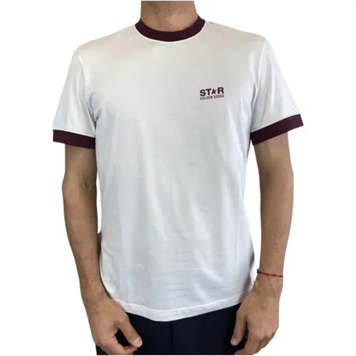 Weißes T-Shirt mit burgunderfarbenem Besatz , Herren, Größe: M - Golden Goose - Modalova