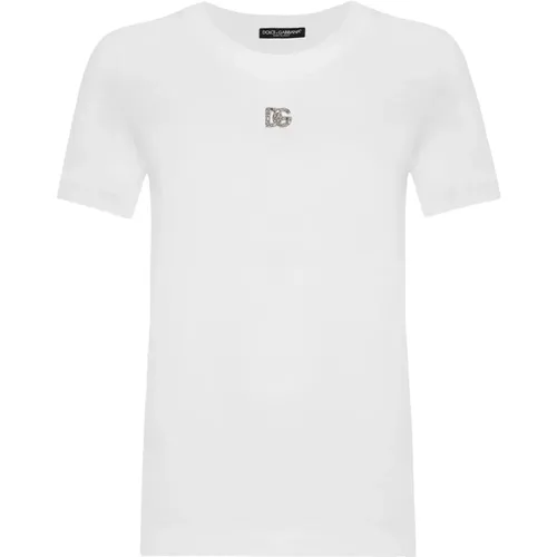 Kristall Logo Baumwoll T-shirt Rundhals,T-Shirts,Weiße T-Shirts und Polos von ,Weiße T-Shirts und Polos von D&G - Dolce & Gabbana - Modalova