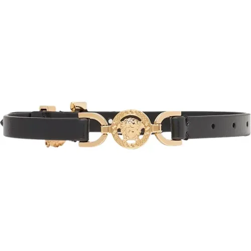 Goldfarbener Medusa Logo Leder Choker Halskette , Damen, Größe: M - Versace - Modalova