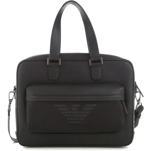 Elegant Leather Work Bag with Saffiano Print and Nylon Pocket , male, Sizes: ONE SIZE - Emporio Armani - Modalova