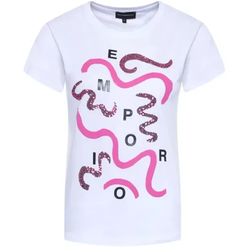 Short Sleeve T-shirt with Fuchsia Print and Sequins , female, Sizes: L - Emporio Armani - Modalova