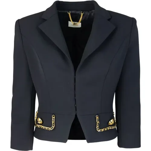 Schwarze Cropped Crêpe Jacke 3/4 Ärmel , Damen, Größe: M - Elisabetta Franchi - Modalova