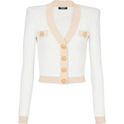 Cropped knit cardigan with gold trim , female, Sizes: XL - Balmain - Modalova