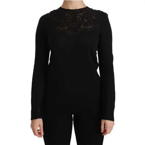 Silk Lace Creweck Long Sleeve Blouse , female, Sizes: XS - Dolce & Gabbana - Modalova
