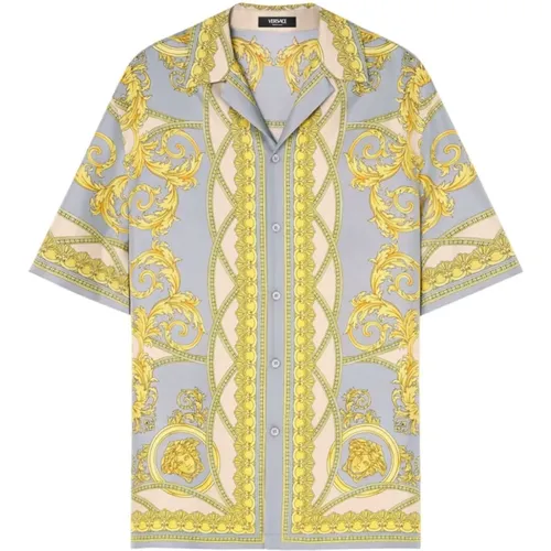 Baroque-Pattern Silk Shirt Grey/Gold , male, Sizes: M, L - Versace - Modalova