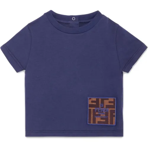 Blaues T-Shirt mit Logo-Stickerei,Blaues T-Shirt mit FF Logo Patch - Fendi - Modalova