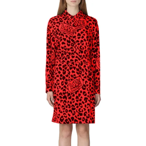 Langes Hemdkragen Leopardenmuster Kleid , Damen, Größe: XL - Love Moschino - Modalova