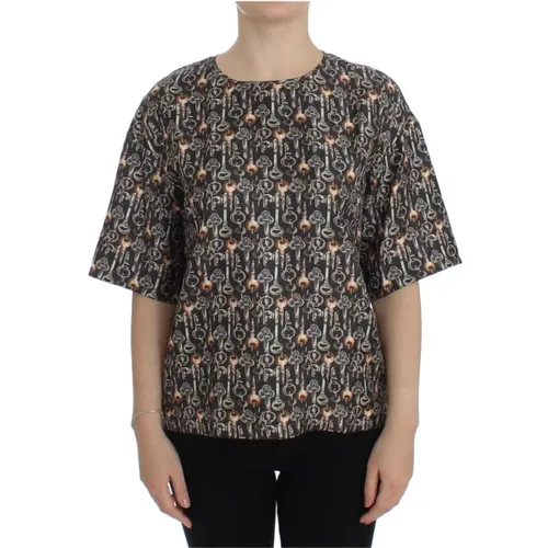 Verzauberte Sizilien Seidenbluse mit mittelalterlichem Schlüsseldruck , Damen, Größe: 2XS - Dolce & Gabbana - Modalova