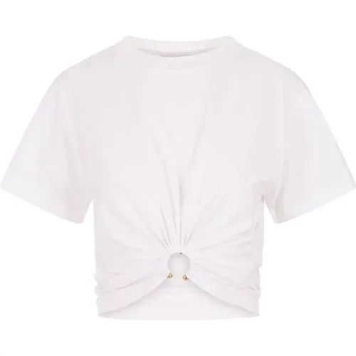 Weiße Crop T-shirt mit Goldring - Paco Rabanne - Modalova