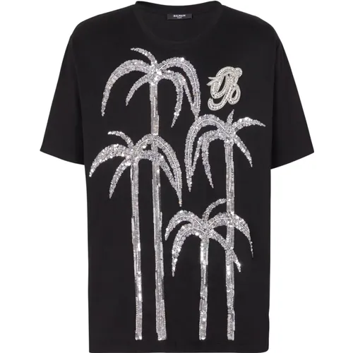 Palmenbaum besticktes T-Shirt - Balmain - Modalova