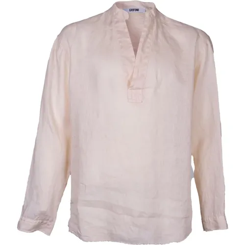Linen men's shirt, buttonless serafino style , male, Sizes: S - Mauro Grifoni - Modalova