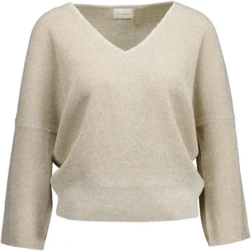 Flora Gold Sweater - Elegant V-Neck, Wide Sleeves , female, Sizes: L - Due Amanti - Modalova