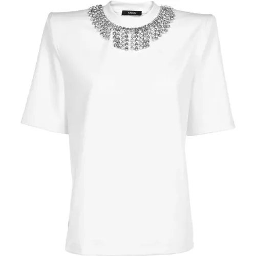 Ribbed Crew Neck T-Shirt with Crystal and Bead Necklace Effect , female, Sizes: XS, 2XS, S - Amen - Modalova
