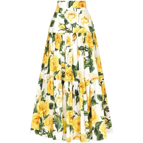 Rose Print Flounced Skirt , female, Sizes: M - Dolce & Gabbana - Modalova