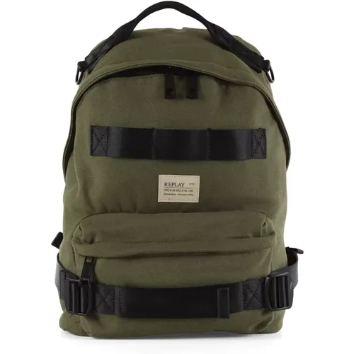 Canvas Backpack with Front Logo Patch , male, Sizes: ONE SIZE - Replay - Modalova