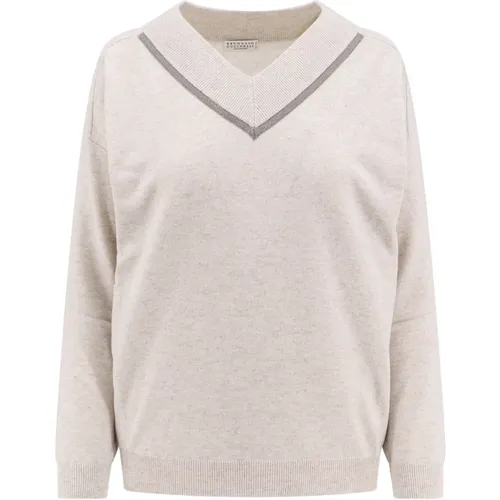 Cashmere V-Neck Sweater with Monili Profile , female, Sizes: S, XS - BRUNELLO CUCINELLI - Modalova