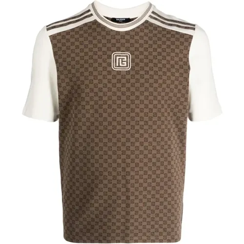 Retro Monogram Braun T-Shirt , Herren, Größe: M - Balmain - Modalova