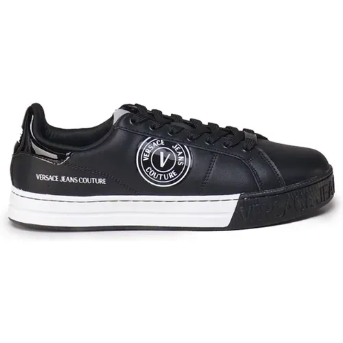 Schwarze Ledersneaker mit Weißen Details , Herren, Größe: 44 EU - Versace Jeans Couture - Modalova