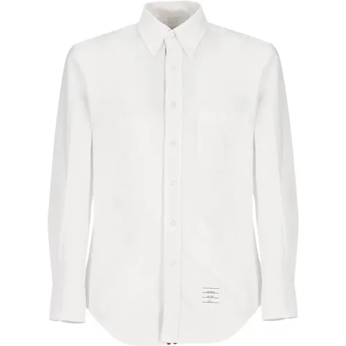 Weißes Popeline Baumwollhemd Kragen Lange Ärmel,Weißes Oxford Baumwollhemd mit Tricolor-Detail,Weiße Baumwollhemd mit Knopfkragen - Thom Browne - Modalova