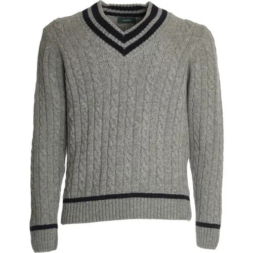 Elegant Wool V-Neck Sweater Grey Blue , male, Sizes: L, 2XL, M, XL - Zanone - Modalova