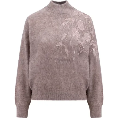 Embroidered T-Neck Sweater , female, Sizes: L, M, XL - BRUNELLO CUCINELLI - Modalova