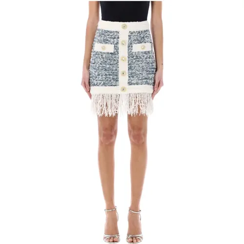 Fringed denim tweed skirt , female, Sizes: XS - Balmain - Modalova