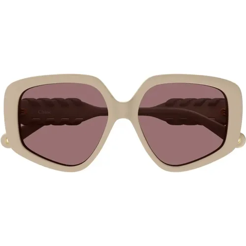 Geometrische Oversized Sonnenbrille mit Lederdetail , Damen, Größe: 56 MM - Chloé - Modalova