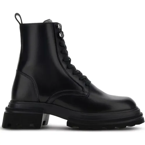 Schwarze Kalbsleder Schnürstiefel mit Dicker Gummisohle , Damen, Größe: 36 1/2 EU - Hogan - Modalova