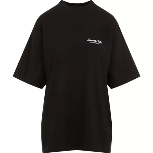 Schwarzes Baumwoll-T-Shirt mit weißem Logo - Balenciaga - Modalova