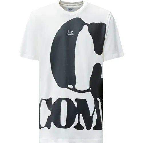 Weiße Baumwoll-T-Shirt mit geripptem Rundhalsausschnitt , Herren, Größe: L - C.P. Company - Modalova