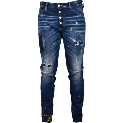 Luxuriöse Blaue Jeans mit Blumenstickerei , Herren, Größe: S - Dsquared2 - Modalova