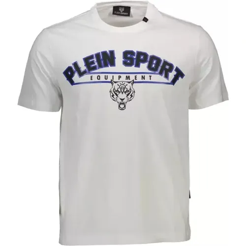 Weißes Baumwoll-T-Shirt, Kurzarm, Rundhals, Print , Herren, Größe: M - Plein Sport - Modalova