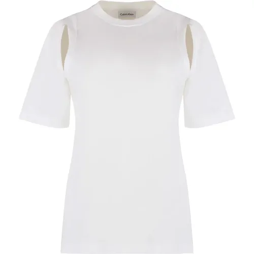 Geripptes crew-neck T-Shirt, 100% Baumwolle , Damen, Größe: L - Calvin Klein - Modalova