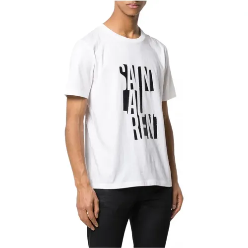 Baumwoll Logo T-Shirt - Weiß Rundhals Kurzarm , Herren, Größe: L - Saint Laurent - Modalova