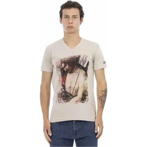 Herren Baumwoll V-Ausschnitt T-Shirt mit Frontdruck , Herren, Größe: S - Trussardi - Modalova