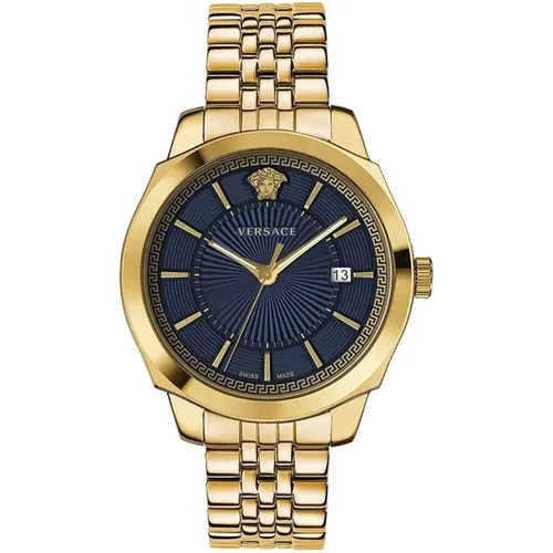 Classic Gold Steel Blue Dial Watch , male, Sizes: ONE SIZE - Versace - Modalova